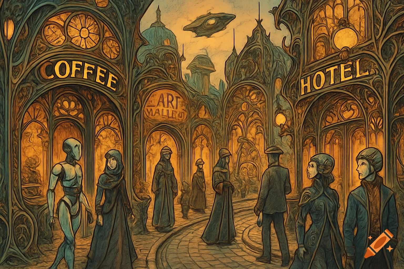 A stylized, hand-drawn Art Nouveau cityscape with ornate buildings, showing a coffee shop, an art gallery, and a hotel. People and robots walk on a winding street, under a warm-toned sky with a futuristic flying object.