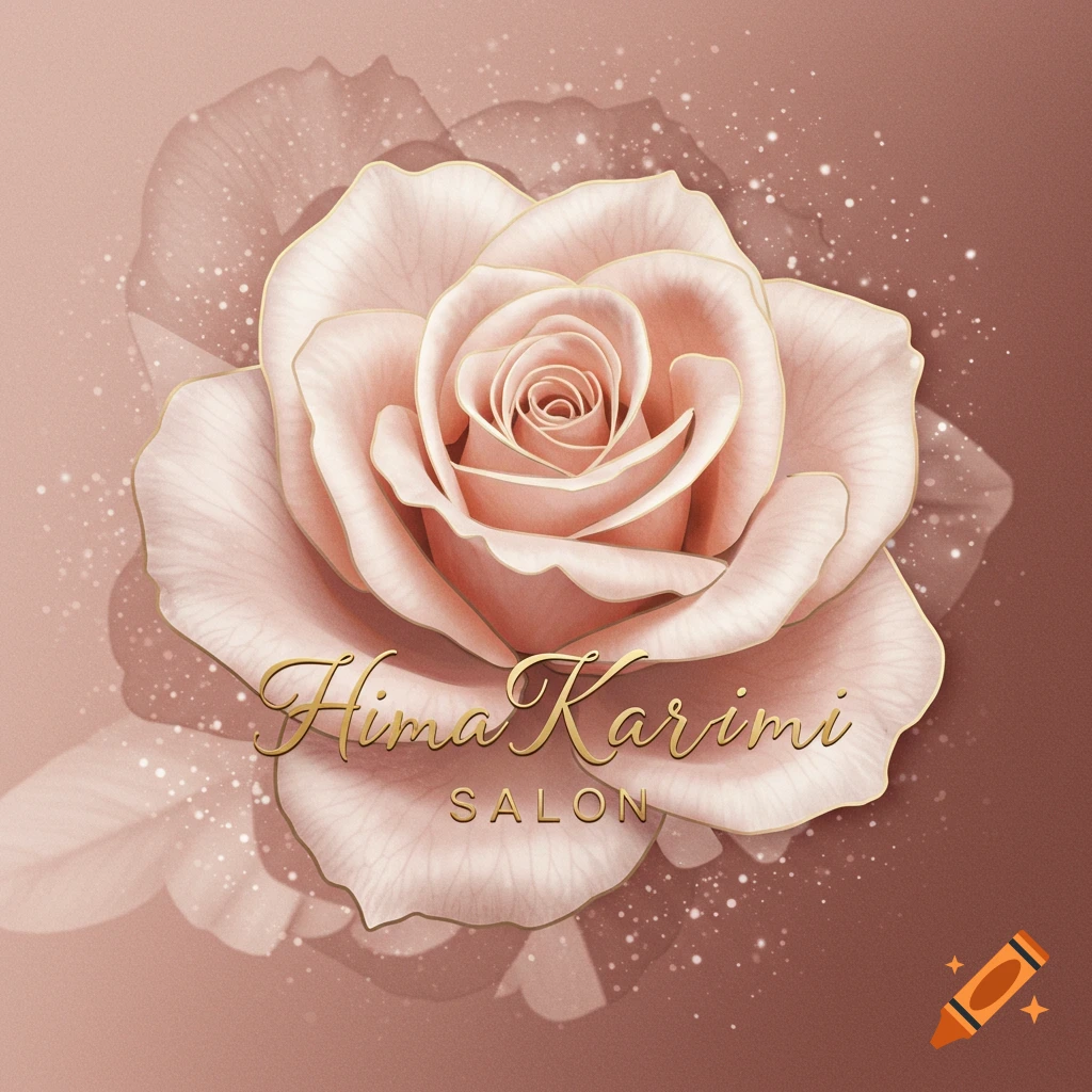 Stylized pink rose logo with gold outlines and 'Hima Karimi SALON' text on a gradient pink background with sparkles.