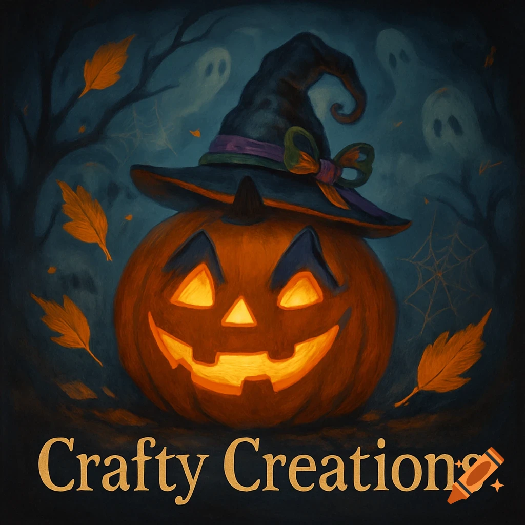 Spooky jack-o'-lantern with a witch hat, ghostly figures, and autumn leaves in a dark, illustrative style, with "Crafty Creations" text.