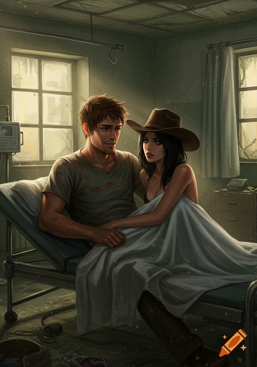 A man on a hospital bed holds a woman in a cowboy hat sitting in his lap, both under sheets in a post-apocalyptic room.