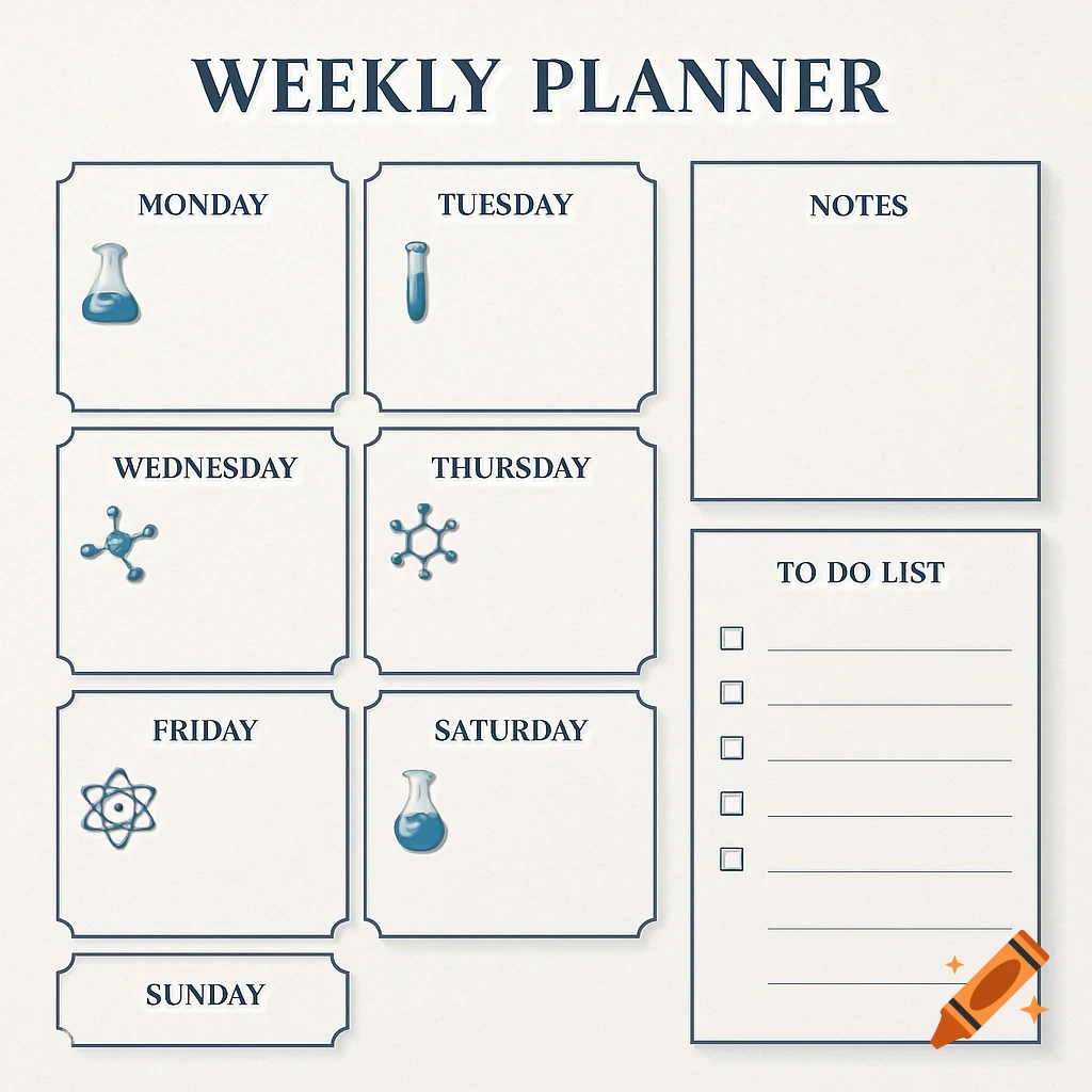 A weekly planner template with sections for each day, notes, and a to-do list, decorated with chemistry-themed icons.