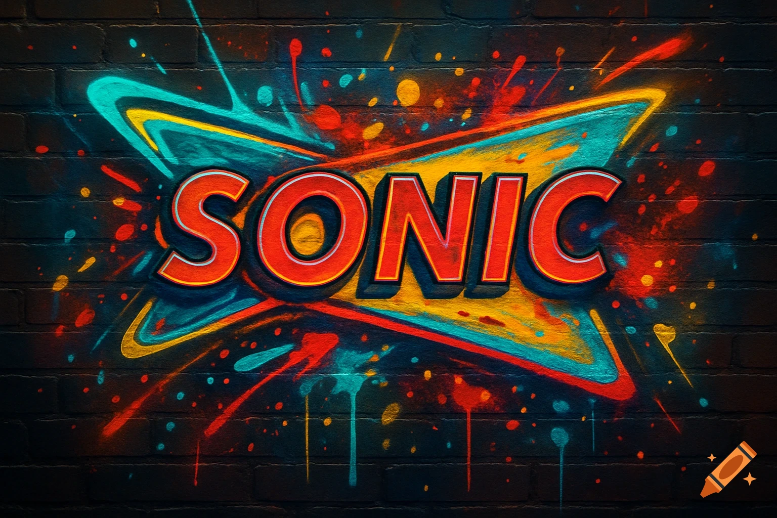 Graffiti-style "SONIC" logo on a brick wall with colorful paint splatters and drips.