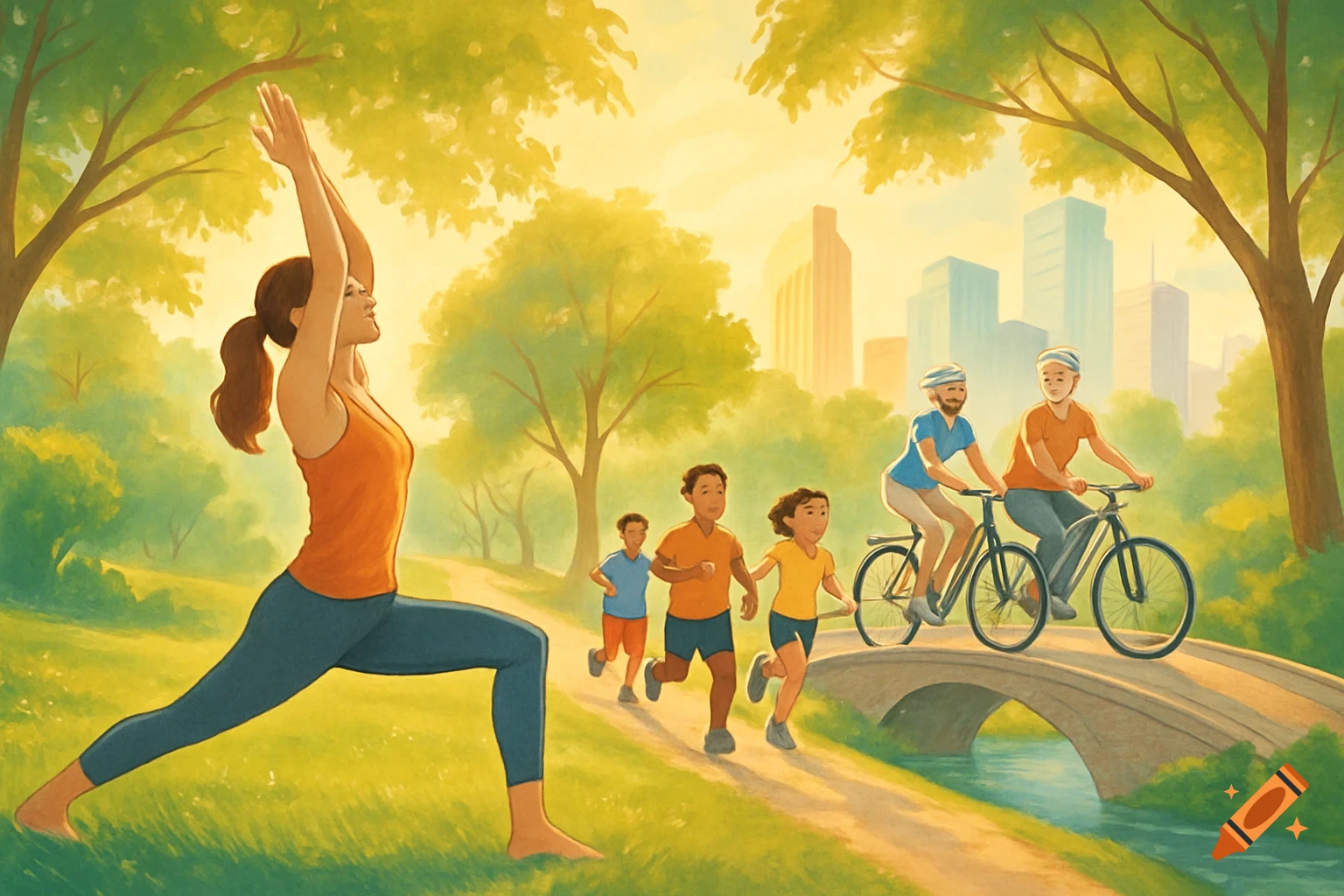 A woman does yoga in a sunny park as children run and adults cycle on a path with a bridge and city skyline. Illustration.