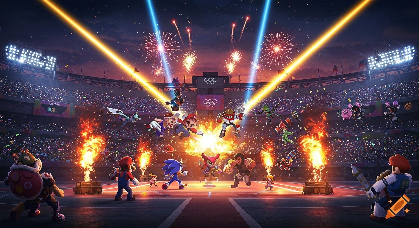 Video game characters like Mario and Sonic battling in a packed Olympic stadium with fireworks, bright lights, and confetti.