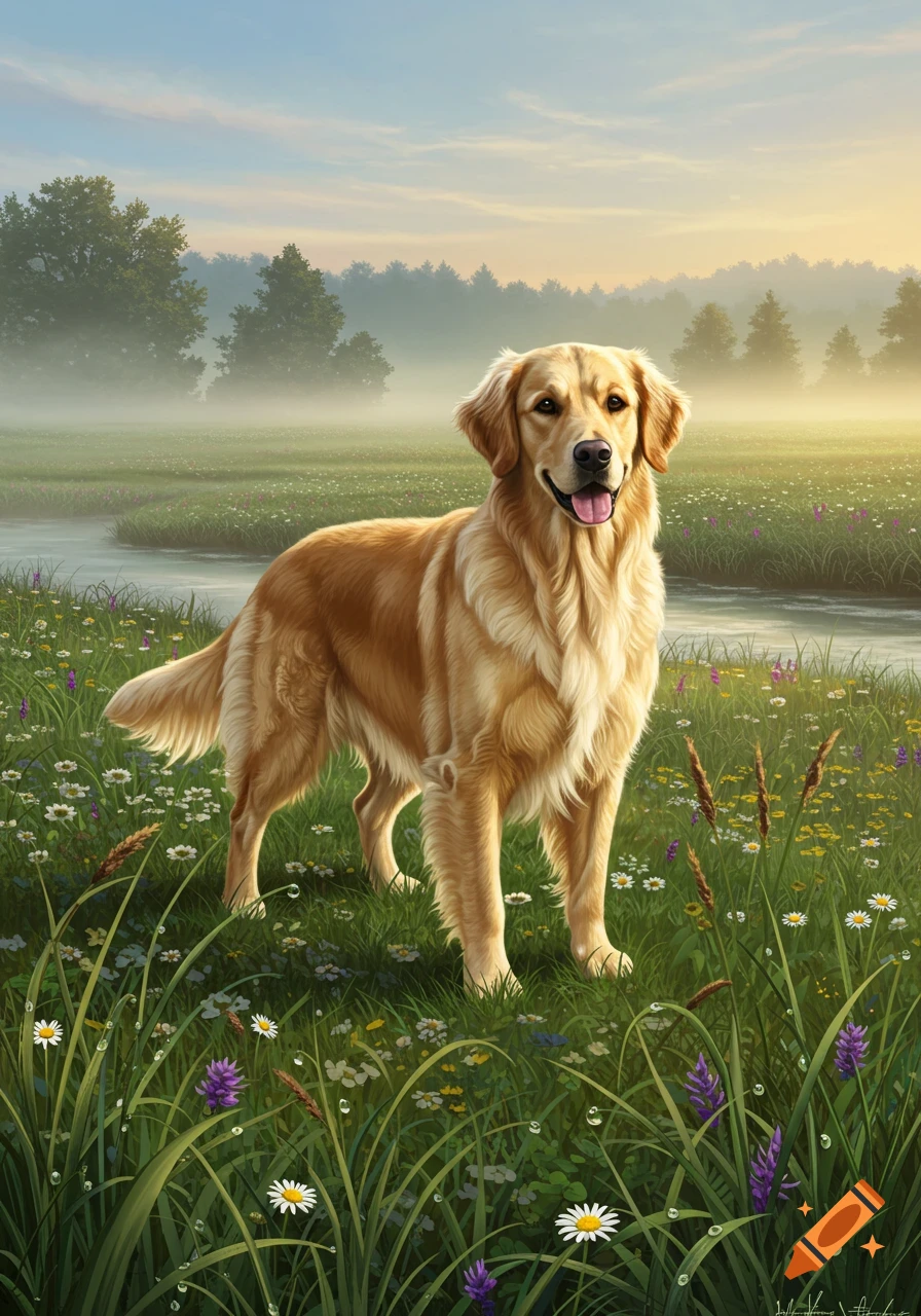 A Golden Retriever stands in a misty, wildflower-filled meadow with a river and trees in the background, illustrated.
