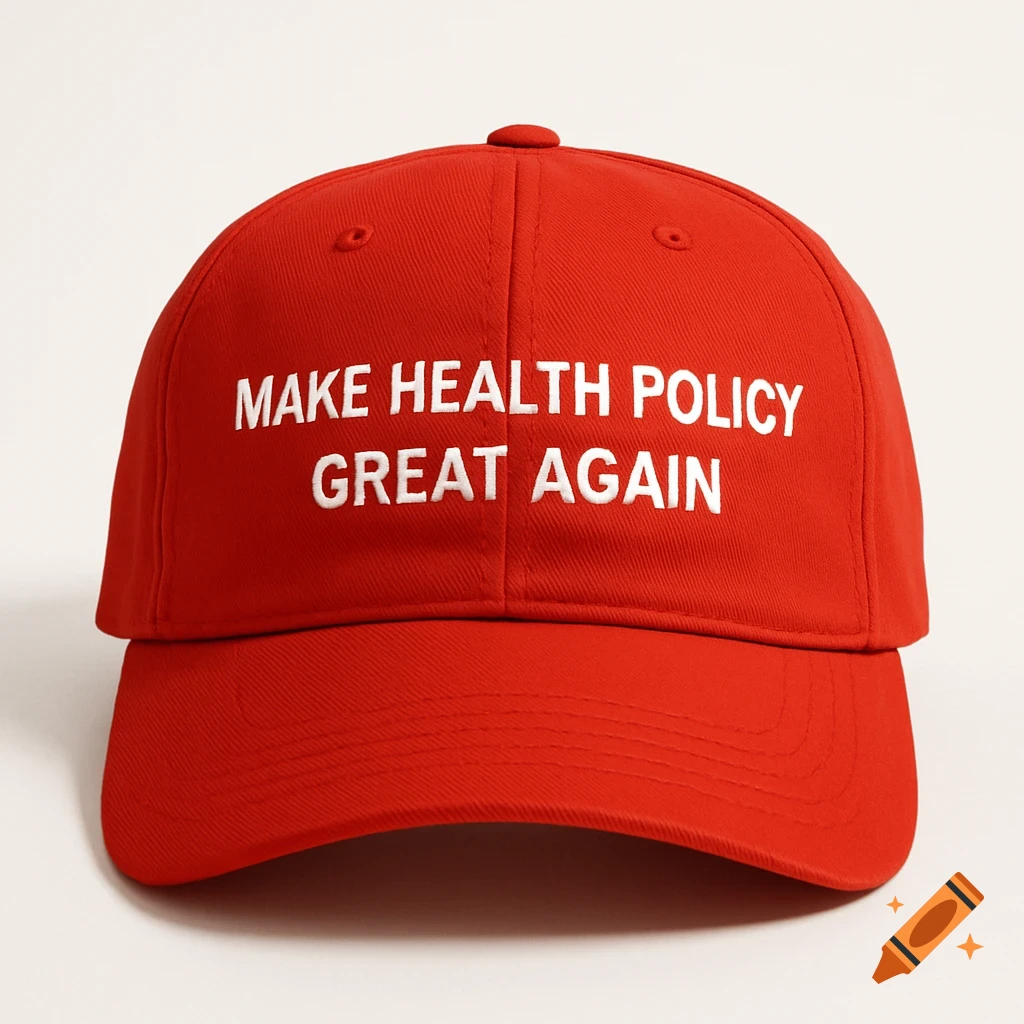 A red baseball cap with white text that reads "MAKE HEALTH POLICY GREAT AGAIN" across the front.
