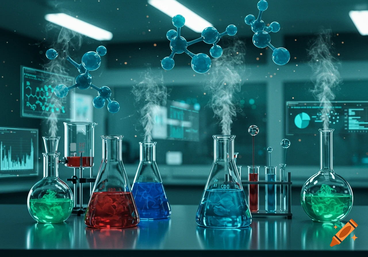 Photorealistic chemistry lab with colorful liquid-filled flasks, rising vapor, floating molecular structures, and glowing screens.