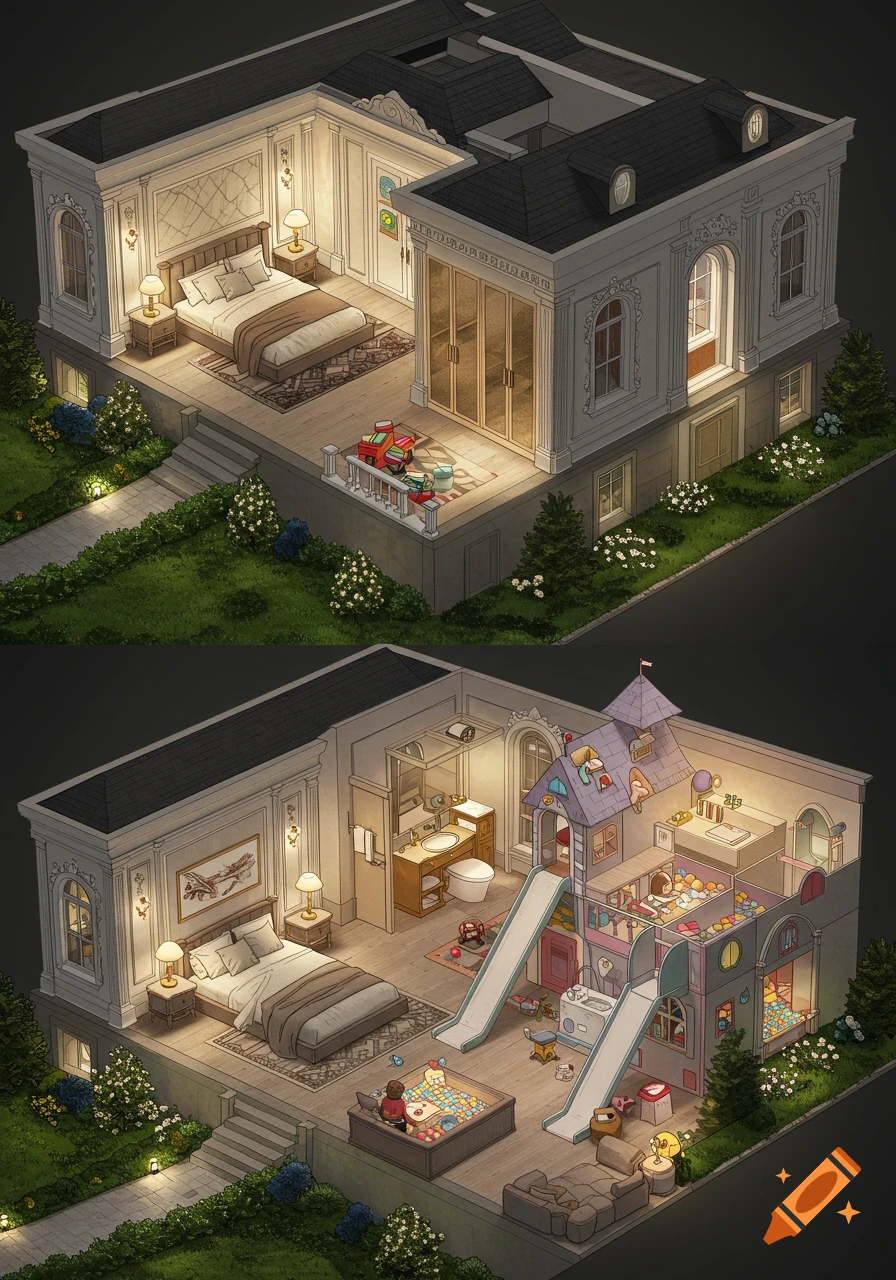 An isometric, cutaway view of a luxurious house showing a master bedroom, a bathroom, and a multi-level children's playroom with slides and a ball pit.
