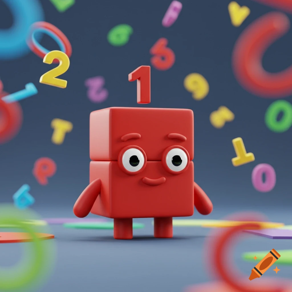 A cute red cube-shaped cartoon character with big eyes, arms, and legs. A red number '1' floats above its head against a blurred background of colorful numbers and letters.