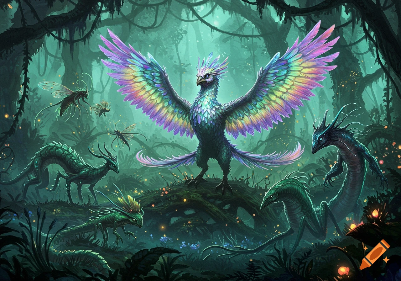 A large, iridescent bird with rainbow wings spreads its wings in a mystical glowing jungle, surrounded by various green fantasy creatures.