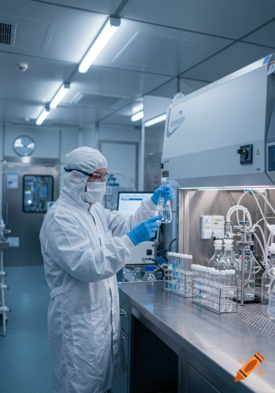 A person in a sterile white hazmat suit, mask, and blue gloves works at a stainless steel lab bench, holding a flask in a pharmaceutical cleanroom.