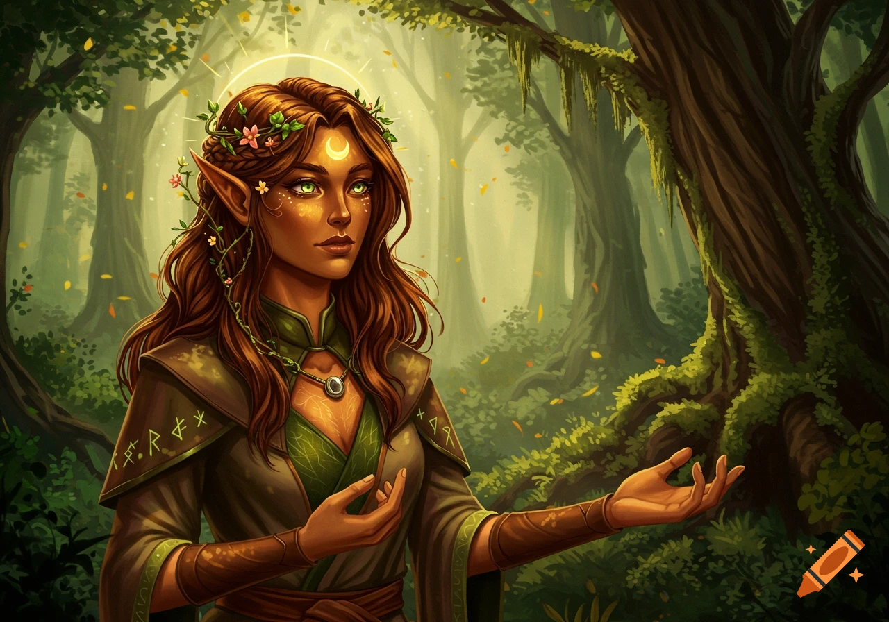 A female wood elf with copper skin, long brown hair, and glowing hazel eyes stands in a vibrant, sunlit forest, wearing a green and brown cloak with runic symbols.
