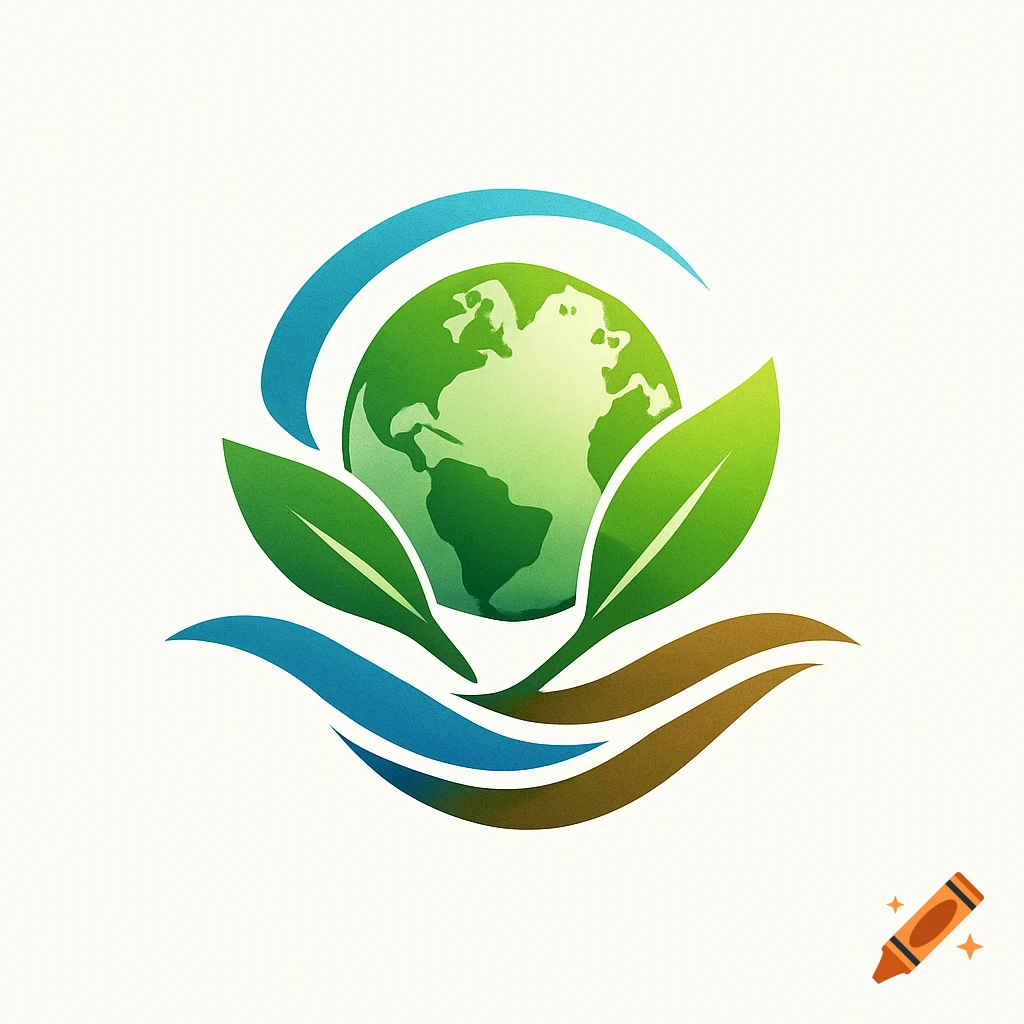 Clean graphic design logo featuring a green globe embraced by two green leaves, with abstract blue and brown waves below.