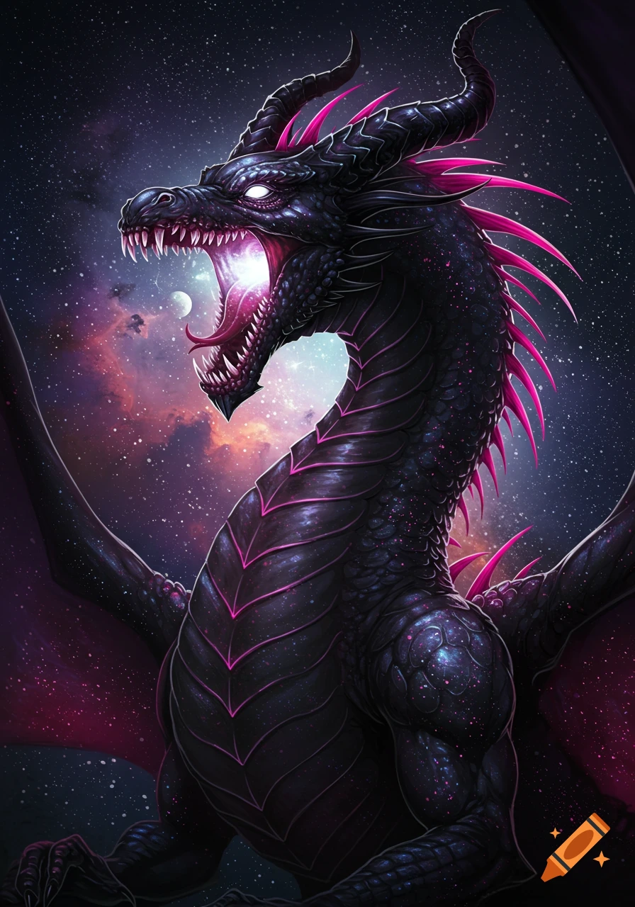 A dark cosmic dragon with glowing white eyes and hot pink spikes roars, revealing a starry galaxy within its mouth, set against a cosmic background.