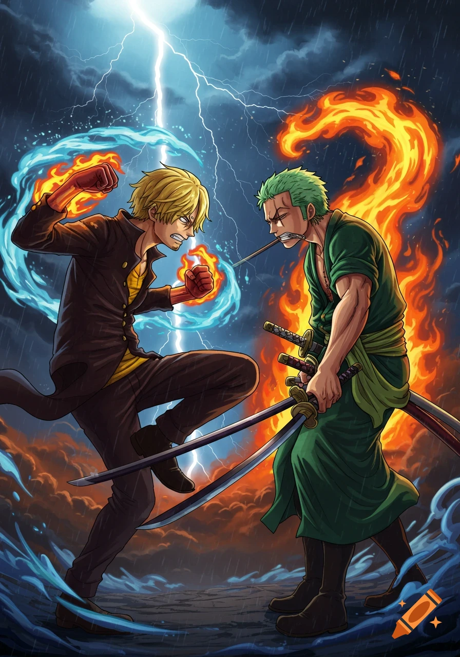 An anime illustration depicts blonde-haired Sanji with fire and water, facing green-haired Zoro with three swords and fire, in a stormy battle.