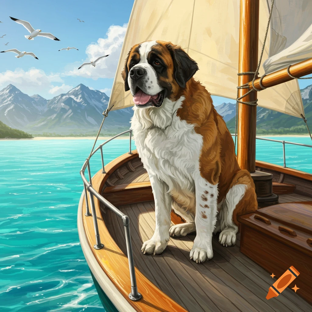 A large St. Bernard dog sits on a wooden sailboat deck, gazing at a turquoise sea with mountains and flying seagulls under a blue sky.