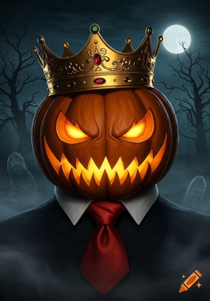 A scary Halloween pumpkin head with glowing eyes, wearing a golden crown and red tie, against a spooky night with ghosts and a full moon.