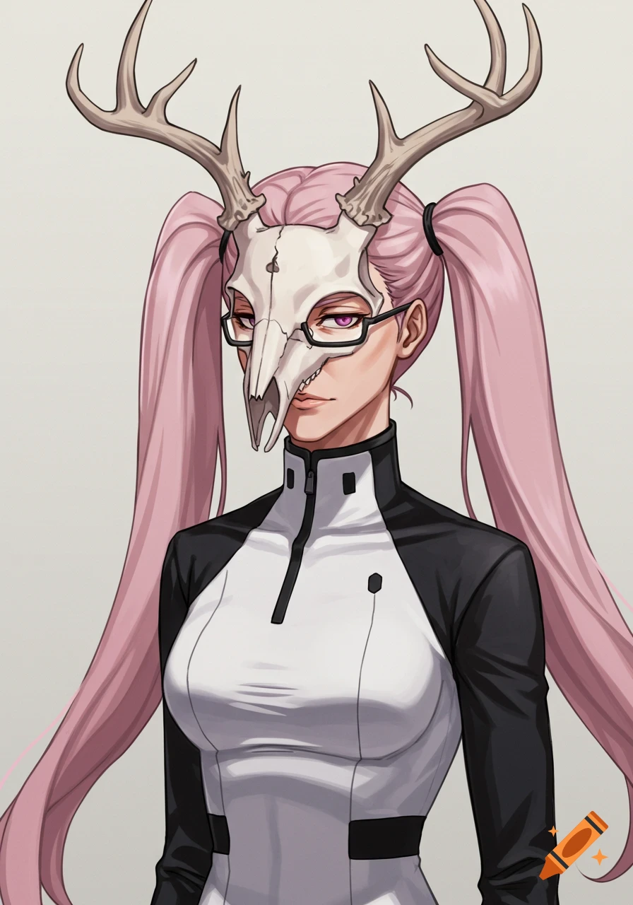 Anime portrait of a female character with long pink ponytails, glasses, and a deer skull mask with antlers, wearing a black and white uniform.