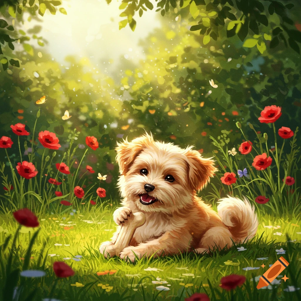 A cute, fluffy puppy happily lies in a sunny field of red flowers and green grass, holding a bone. Illustrated style.