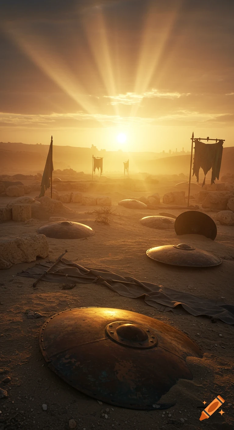 A golden sunrise over a sandy desert battlefield with scattered ancient bronze shields and torn flags, volumetric light rays piercing the misty air.
