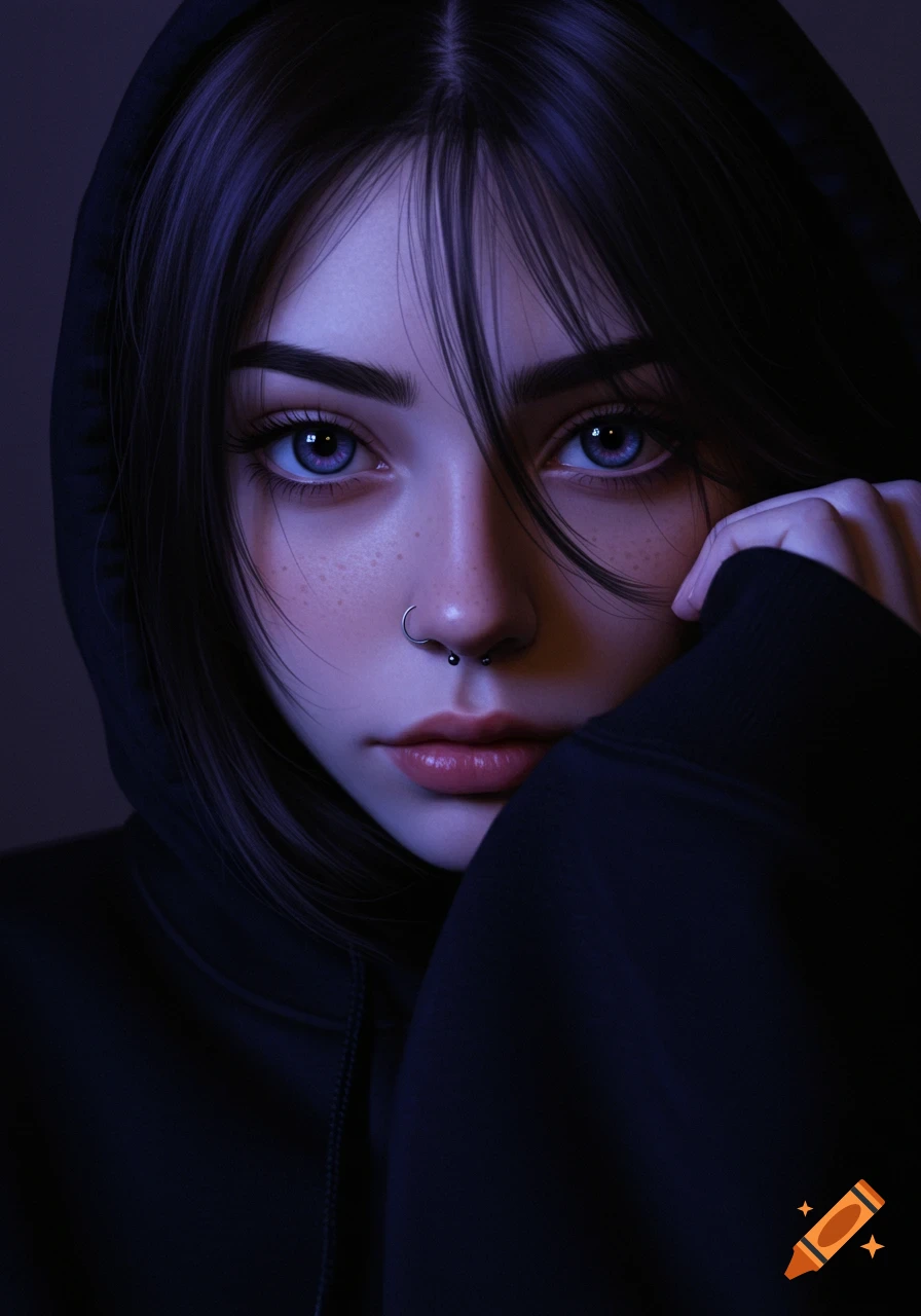 Close-up digital art portrait of a young woman with dark hair, purple eyes, a nose ring, and a black hoodie, looking intently.