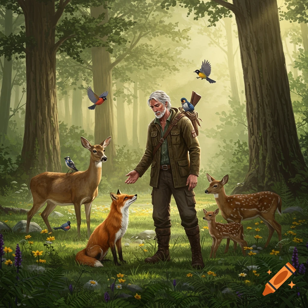 An illustrated man with a beard and gray hair stands in a forest, surrounded by deer, a fox, and various birds.
