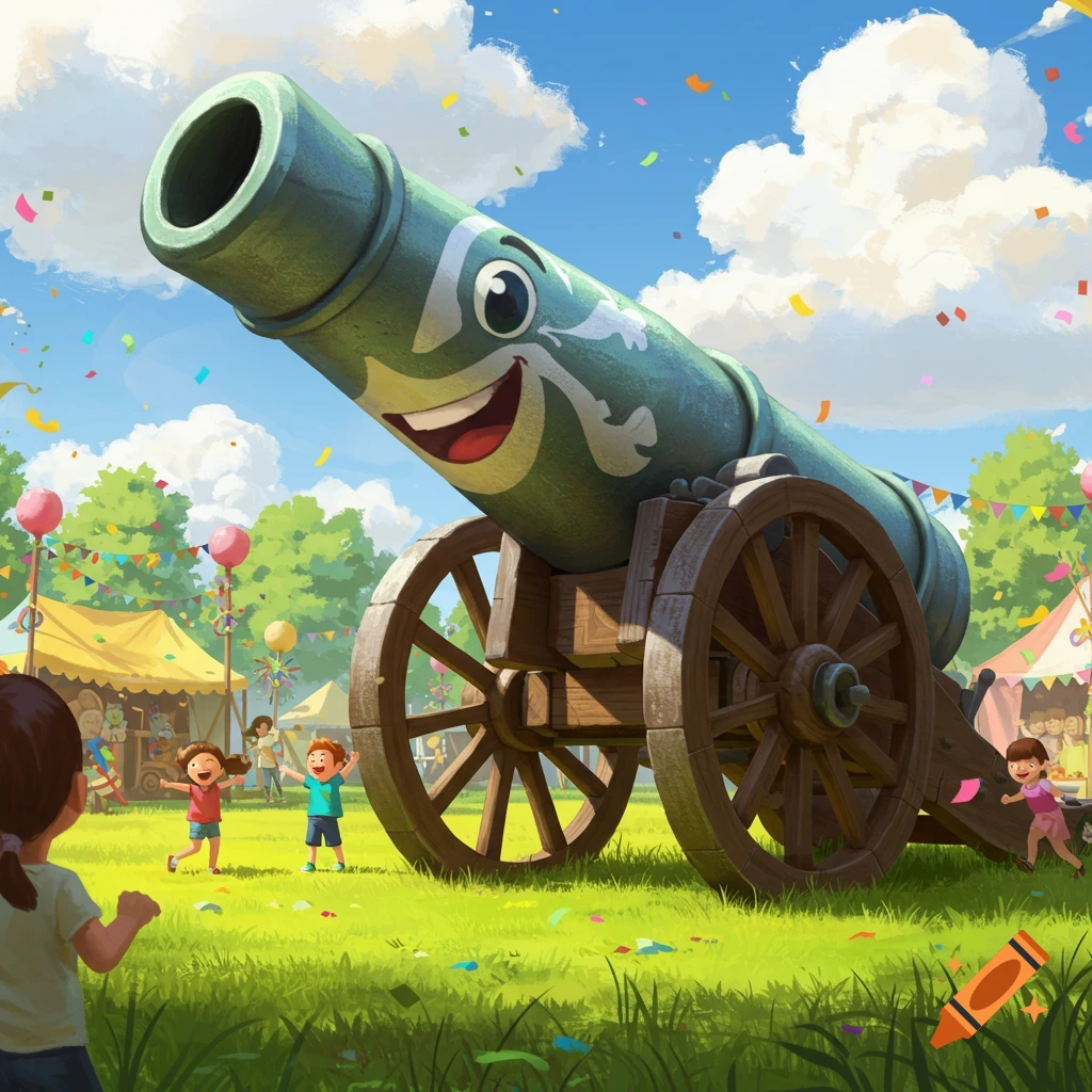 A cheerful, cartoon-style green cannon with a happy face overlooks children playing at a lively outdoor festival with confetti.