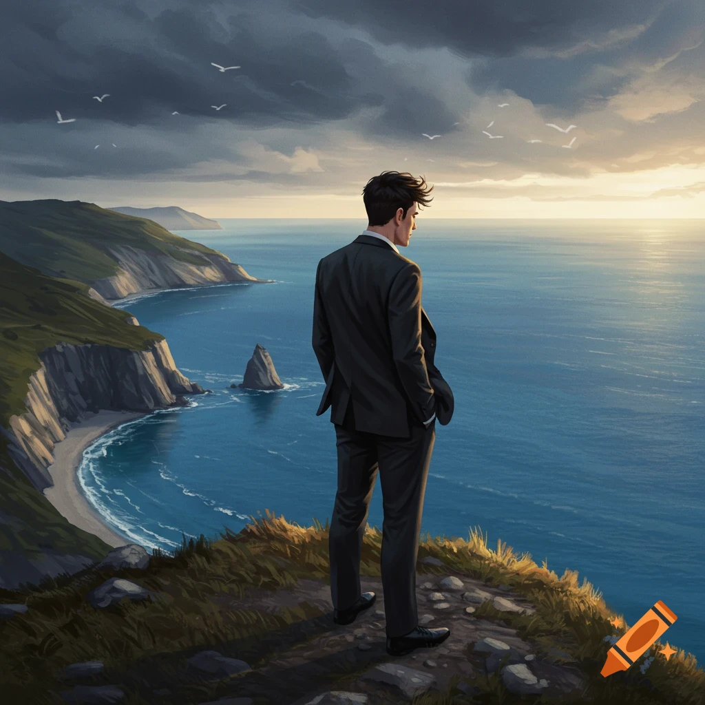 A man in a dark suit stands on a grassy cliff overlooking a vast blue ocean and rocky coastlines under a dramatic sky.