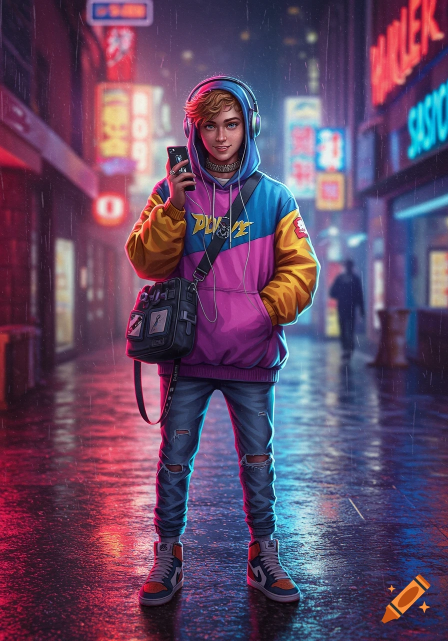 A stylish young person with headphones and a colorful hoodie stands on a rainy, neon-lit urban street at night.