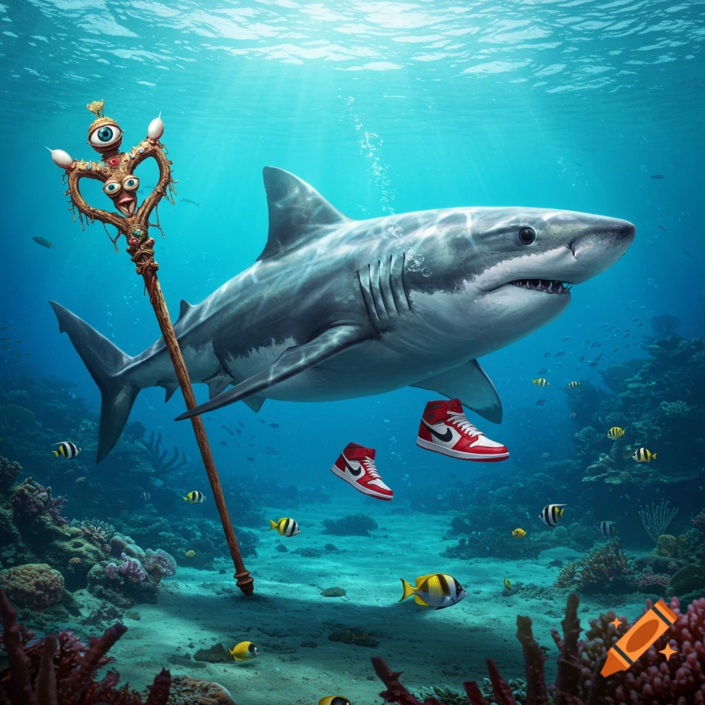 A photorealistic shark swims underwater wearing red and white sneakers, next to an elaborate staff adorned with multiple eyes.