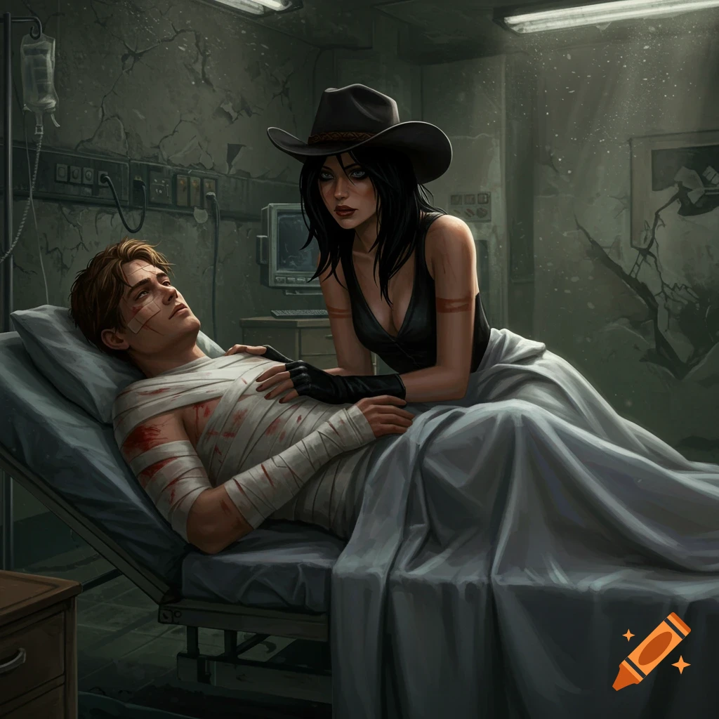 A woman in a black cowboy hat leans over an injured man bandaged in a post-apocalyptic hospital bed, D&D art style.