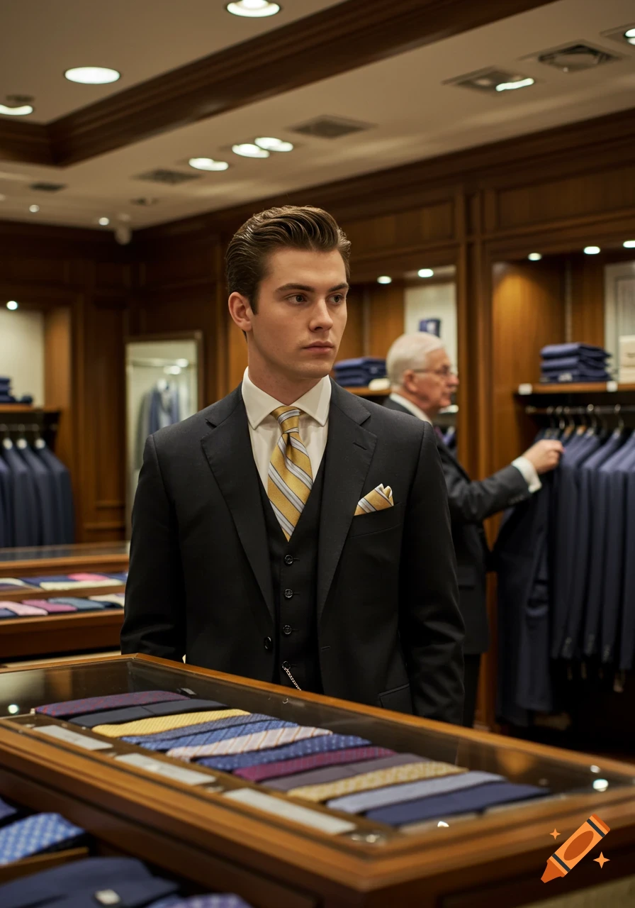 A young man in a black suit, white shirt, and gold striped tie stands in a menswear store with ties displayed in the foreground.