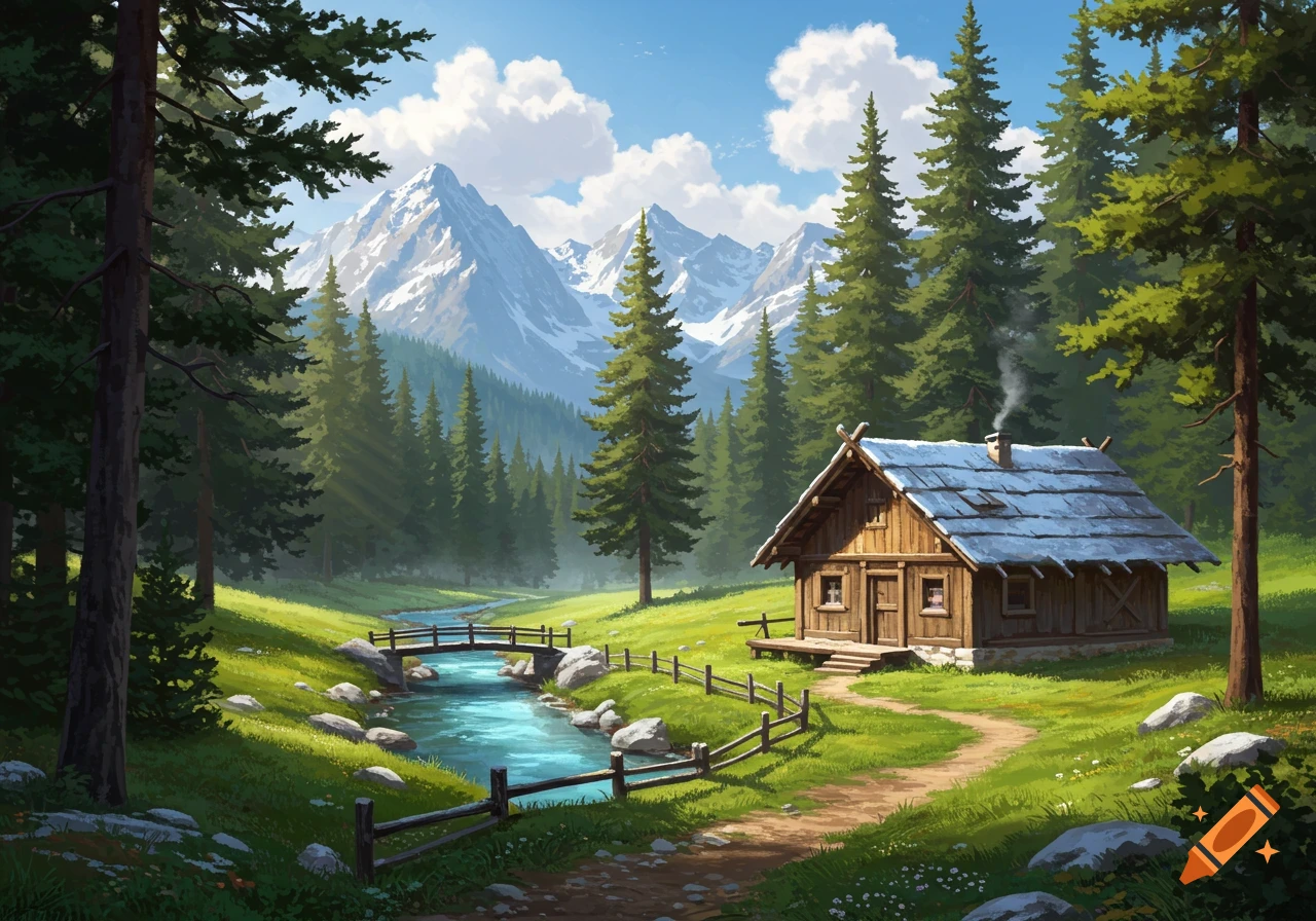 A picturesque cabin with a snowy roof sits by a flowing river with a small bridge, surrounded by lush green trees and snow-capped mountains under a blue sky.