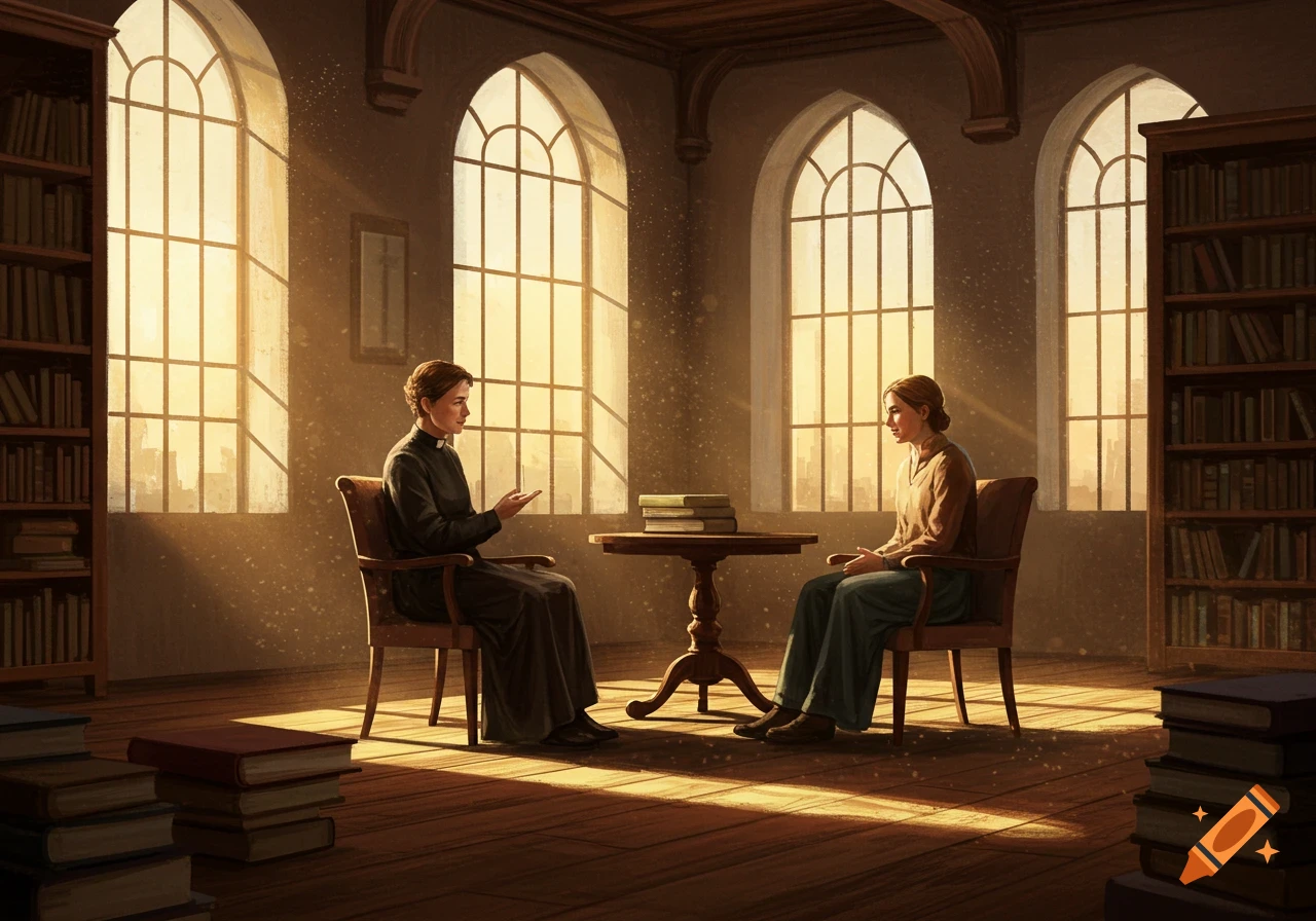 Two people converse in a sunlit room with arched windows, bookshelves, and scattered books, in a painterly style.