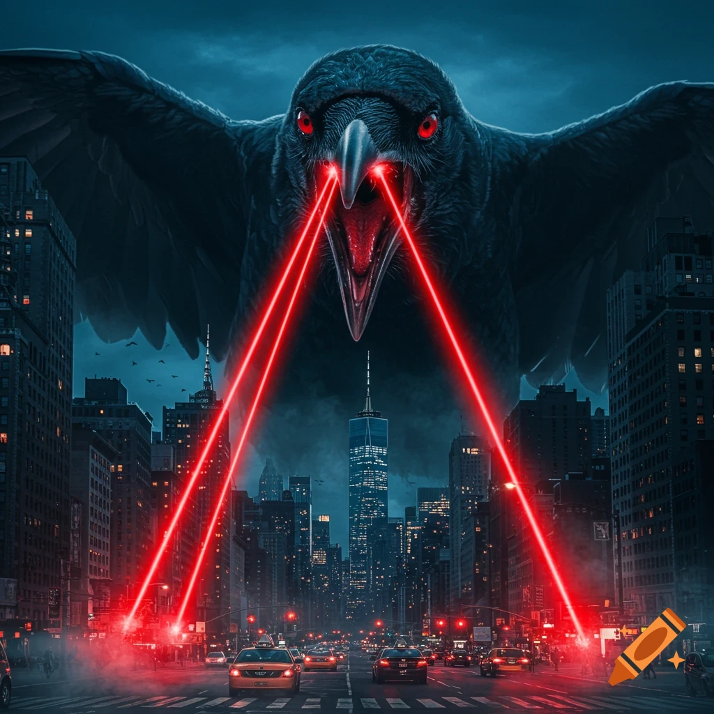 A colossal black crow with glowing red eyes shoots red lasers from its beak, looming over a dark, bustling city street at night.