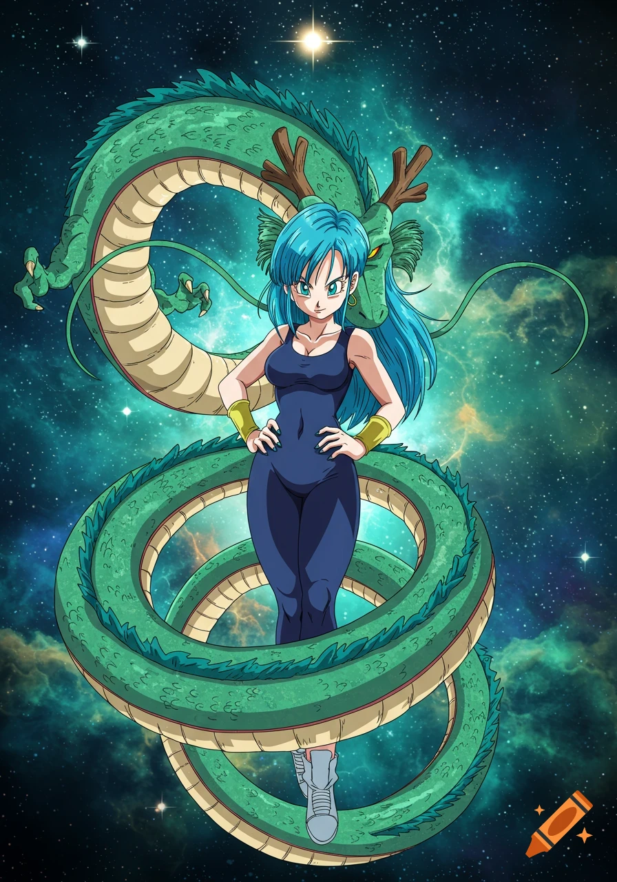 Anime style Bulma in a dark suit standing with Shenron the dragon against a starry nebula background.