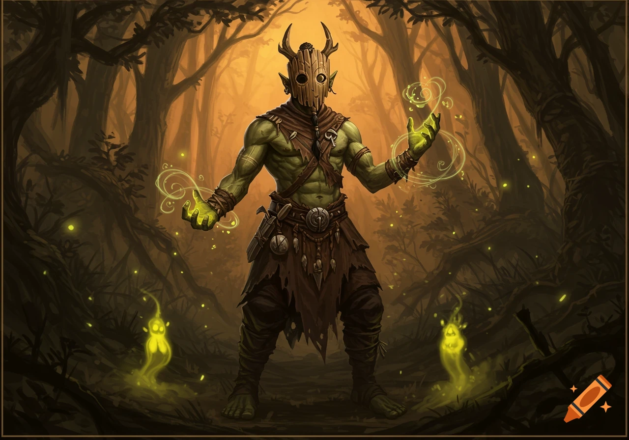 A green-skinned sorcerer in a wooden mask and raggedy clothes stands in a glowing forest, casting a spell. Digital art.