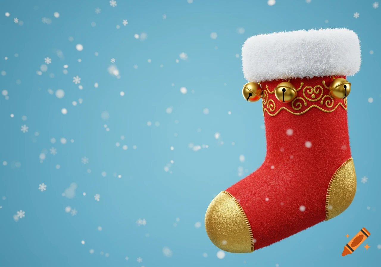 3D render of a red Christmas stocking with a white fuzzy cuff, gold bells, and gold trim, against a blue background with snowflakes.