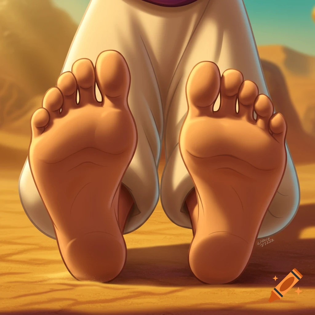 A close-up cartoon view of Aladdin's bare feet soles on sand in a desert.
