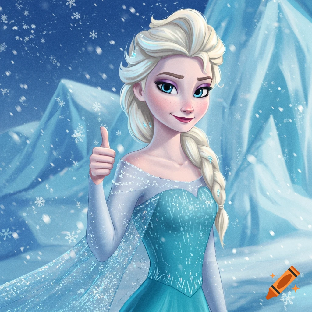 Elsa from Frozen gives a thumbs up in a snowy, icy landscape, stylized cartoon.