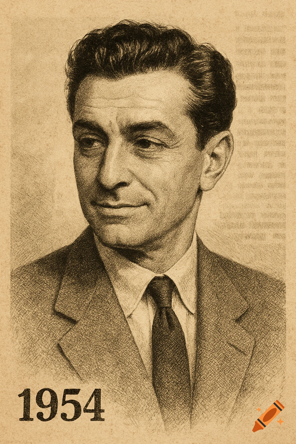 A vintage monochrome sketch of an Italian man in a suit and tie, looking left, on aged paper with "1954" and faint newspaper text.