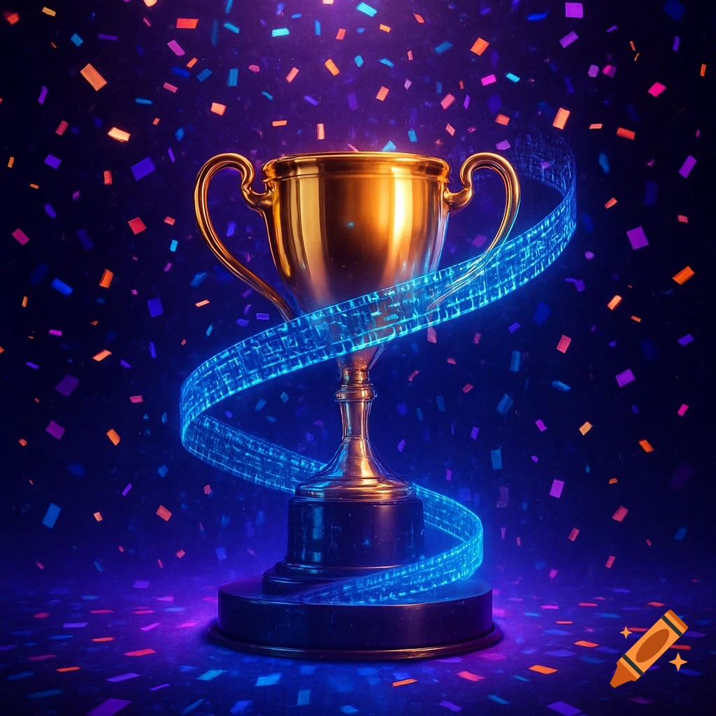 A golden trophy stands amidst falling multicolored confetti and a glowing blue digital ribbon, against a dark blue and purple background.