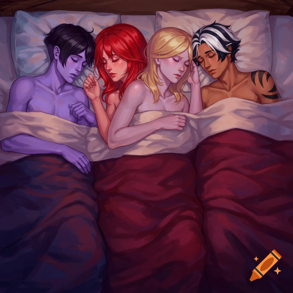 An illustration of four diverse people with varying hair and skin colors sleeping peacefully in a large bed under blankets.