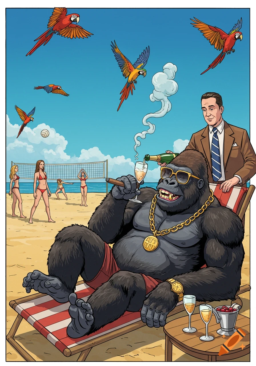 A comic-style gorilla in sunglasses and gold chain smokes a cigar, receiving champagne on a beach, with women playing volleyball and parrots flying.