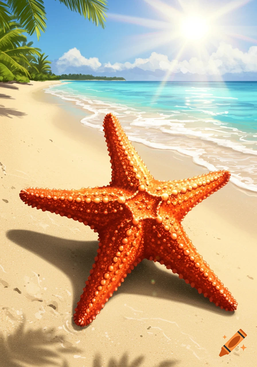 Vibrant orange starfish on a sunny sandy beach with turquoise ocean, white waves, and palm trees, illustrated.