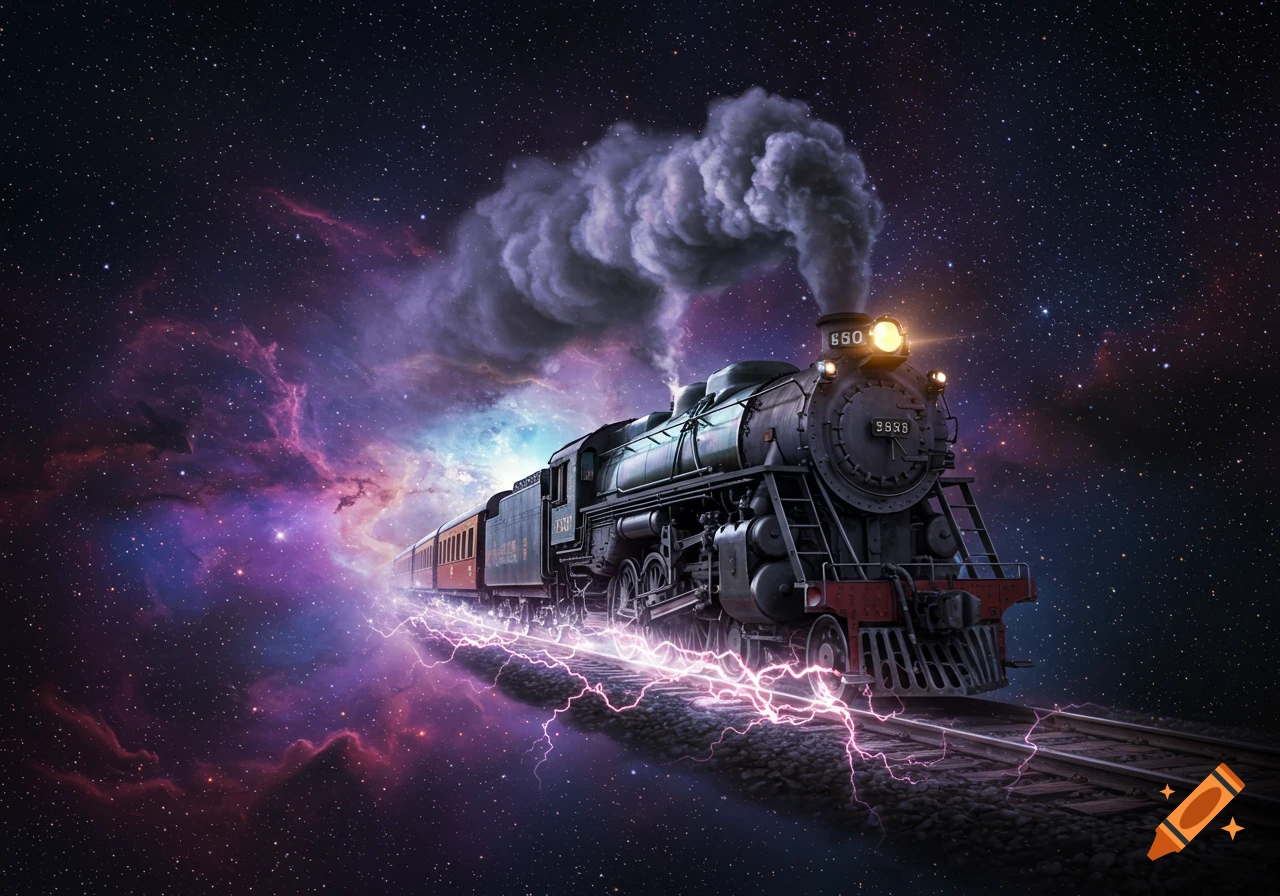 A vintage steam train with glowing headlights rides on tracks through a vibrant purple and blue nebula, surrounded by stars and pink lightning.