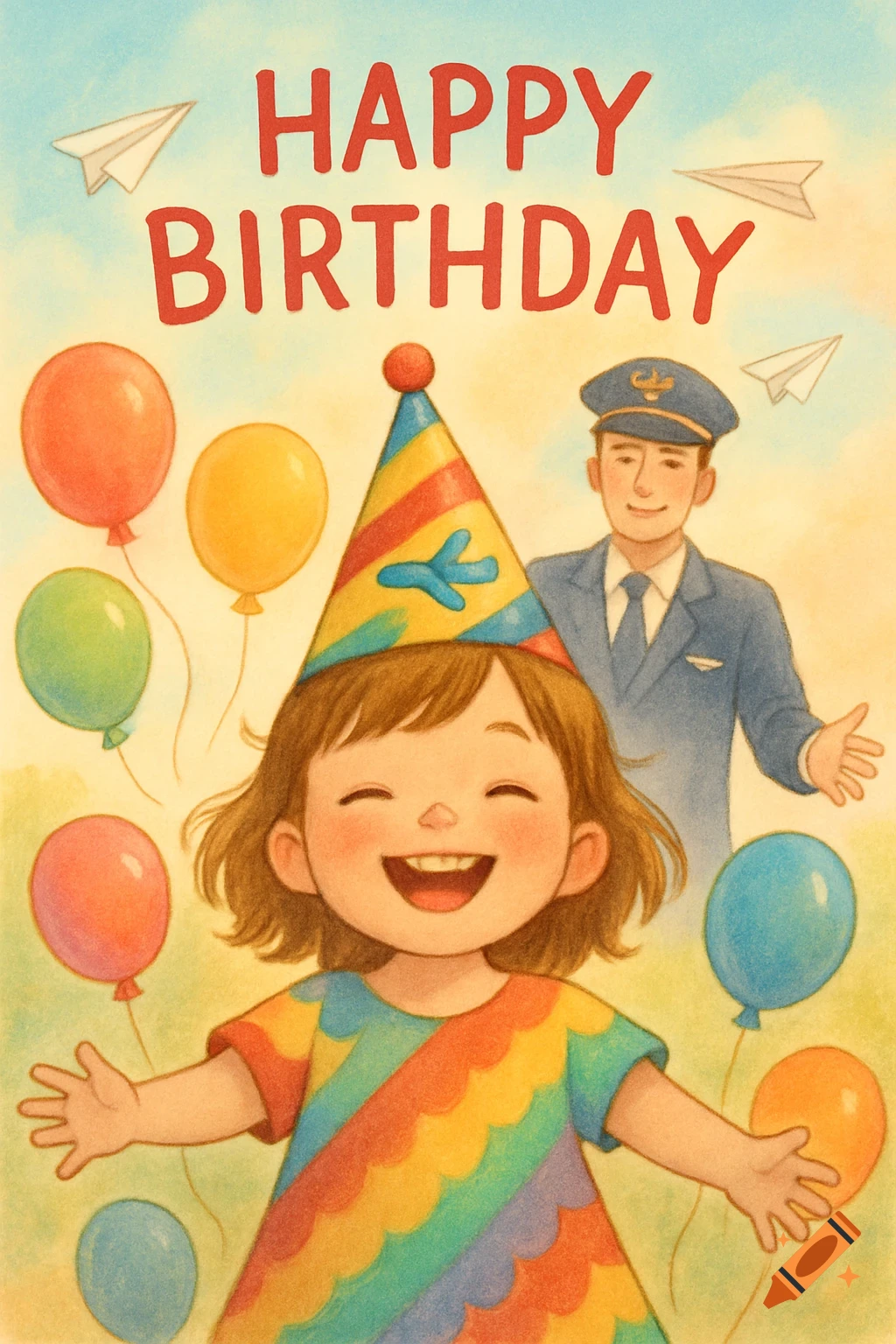 A cheerful illustration of a child in a rainbow dress and party hat, surrounded by balloons, with a smiling pilot behind them. "HAPPY BIRTHDAY" text is at the top.