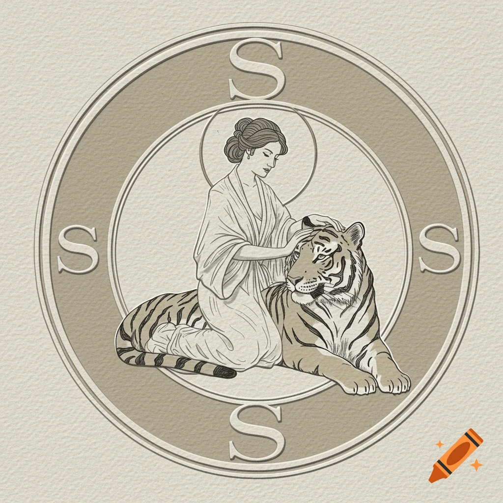A circular logo featuring a woman petting a tiger, with four capital S letters on the frame, in a classic line art style.
