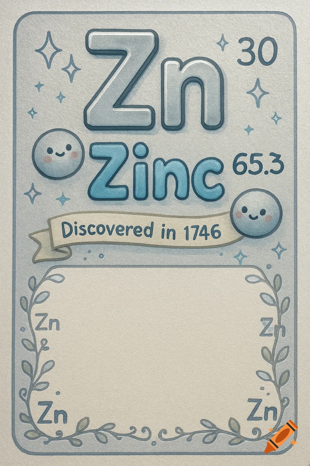 A cute, stylized card for the element Zinc, showing its symbol Zn, atomic number 30, atomic mass 65.3, and discovery date 1746, with decorative elements.