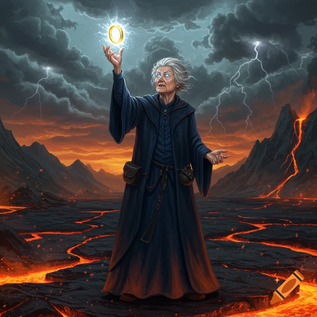 An old witch in a dark robe raises a glowing golden ring in a volcanic landscape with lava and lightning.